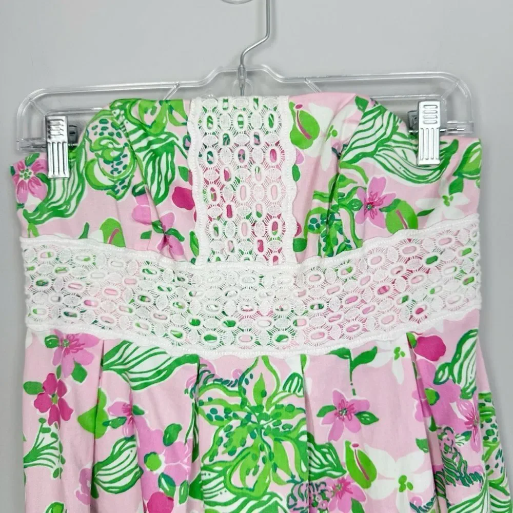 LILLY PULITZER | Floral Strapless Pink Green Dress Lace Trim Women’s Size 2 - Picture 4 of 9